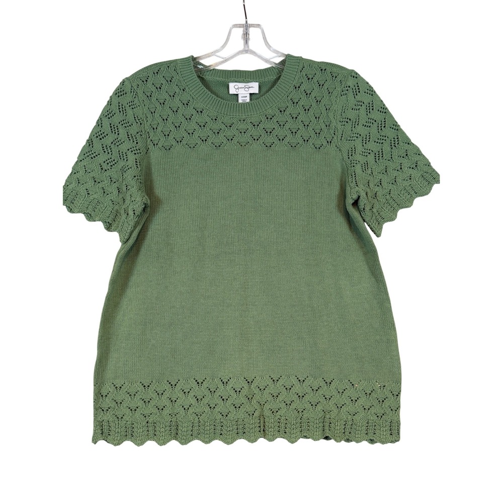 NWT Cottagecore Womens Green Pointelle Eyelet Knit Short Sleeve Top •S• Romantic
